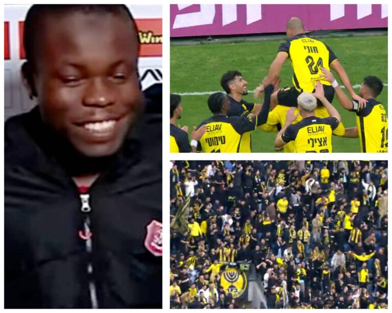 Beitar Jerusalem players and fans celebrating, as Cedric Don bids farewell to Hapoel Jerusalem supporters