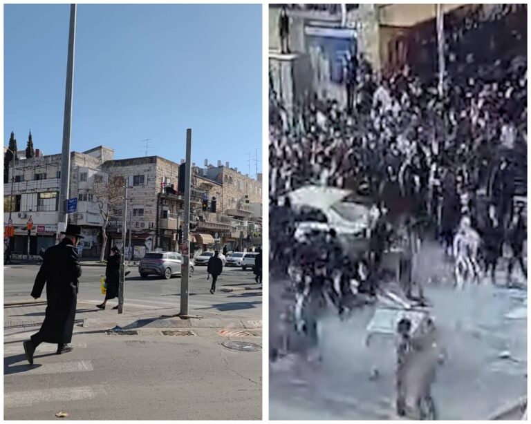 הפרת סדר של חרדים חוסמת את רחוב שמואל הנביא בירושלים, לצד מראה השגרה היומית השקטה ברחוב (Photo: Jerusalem Online News – Bari Shahar, Israel Police Spokesperson)