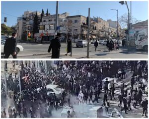 Isang kaguluhan ng mga ultra-Ortodokso ang humaharang sa Shmuel HaNavi Street sa Herusalem, katabi ng tahimik na tanawin ng araw-araw na rutina sa kalye (Photo: Jerusalem Online News – Bari Shahar, Israel Police Spokesperson)