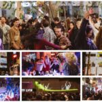 קהל חוגג ומופעי רחוב בלילות פסטיבל שאון חורף במרכז ירושלים, עם מוזיקה, ריקודים ואמנות במרחב הציבורי