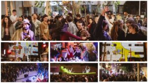 קהל חוגג ומופעי רחוב בלילות פסטיבל שאון חורף במרכז ירושלים, עם מוזיקה, ריקודים ואמנות במרחב הציבורי