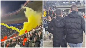 שוטרים עוצרים אוהד ביציעי אצטדיון טדי בירושלים לאחר השלכת רימון עשן במהלך משחק בין בית"ר ירושלים לבני יהודה