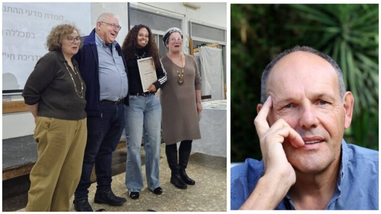 ענת שטיינר, אחת ממקבלות המלגה, יו"ר דרך כפר עו"ד דורון כהן וחברת ההנהלה מירה גלדשטין גלדסטון בטקס הענקת המלגות במכינה בסמוך לירושלים