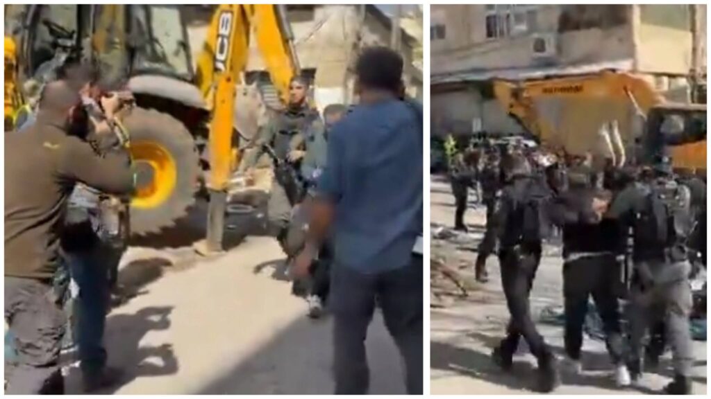 כוחות משטרה וכלי הנדסי כבד במהלך עבודות הריסה בשכונת אל-בוסתאן בסילוואן בירושלים