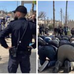 Palestinian worshippers hold Friday prayer near Damascus Gate in Jerusalem during Ramadan while Israeli police monitor the area