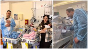 תהילה ואביתר עם התאומים שנולדו בשבוע 32 ומטופלים בפגיה במרכז הרפואי שערי צדק בירושלים בזמן אזעקות מבצע "שאגת הארי"