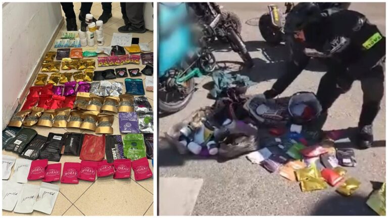 שוטר חושף שקיות סמים מתיק משלוחים של רוכב אופניים שנעצר בחשד לסחר בסמים במרכז ירושלים