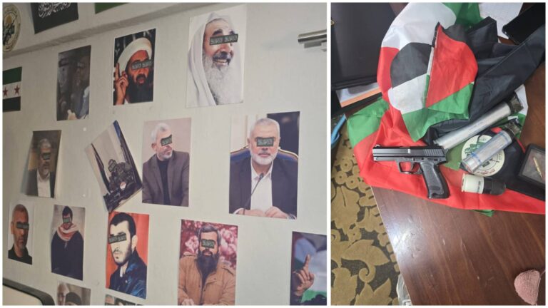 קיר עם תמונות דמויות המזוהות עם ארגונים חמושים ודגלים שנמצאו בדירה במזרח ירושלים