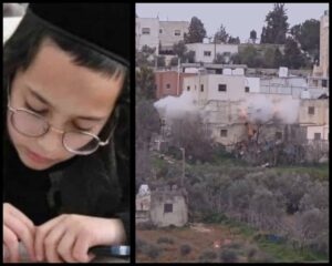 פיצוץ בית הסייען לפיגוע הירי בכביש המנהרות בעיירה דורא לצד תמונת הילד יהושע אהרן טוביה שמחה ז"ל