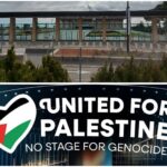 בניין הכנסת, הפרלמנט הישראלי בירושלים, לצד כרזה בינלאומית הקוראת להחרים את האירוויזיון תחת הסיסמה United for Palestine