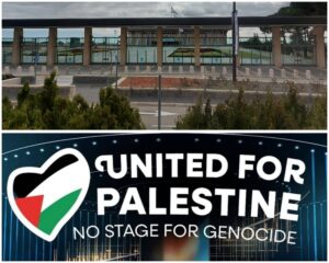 בניין הכנסת, הפרלמנט הישראלי בירושלים, לצד כרזה בינלאומית הקוראת להחרים את האירוויזיון תחת הסיסמה United for Palestine