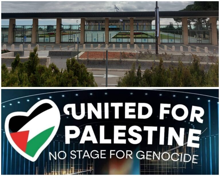 Le bâtiment de la Knesset, le parlement israélien à Jérusalem, à côté d’une banderole appelant au boycott de l’Eurovision