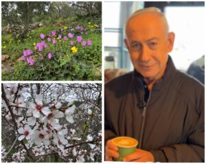 ראש הממשלה בנימין נתניהו עם כוס קפה בביקור בסטף בהרי ירושלים לצד פריחת האביב באזור