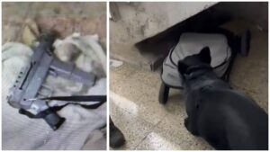 נשק מאולתר מסוג קרלו מוסלק מתחת לעגלת תינוק בבית בוואדי ג'וז בירושלים