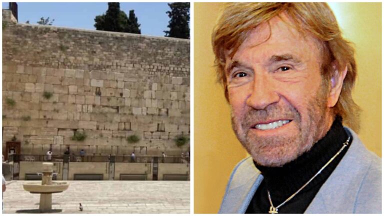 הכותל המערבי בירושלים לצד דיוקן של צ'אק נוריס