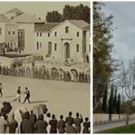 קולאז של ירושלים אז והיום, משחק כדורגל המיוחס לשנת 1902 לצד אזור טלביה בירושלים כיום