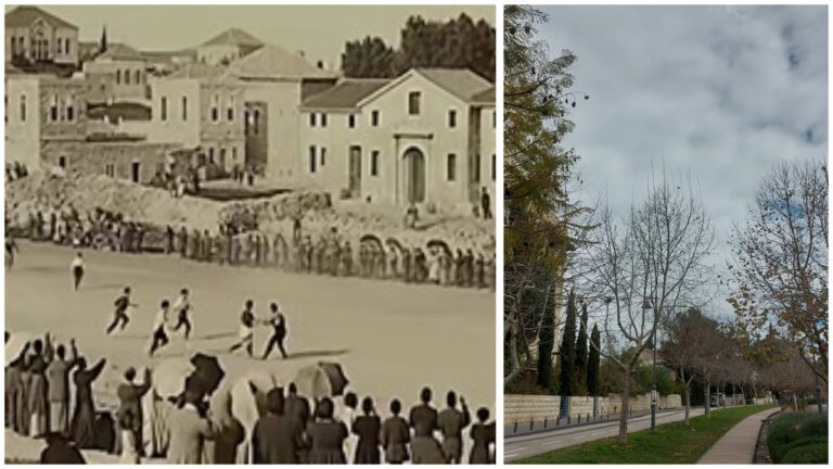 קולאז של ירושלים אז והיום, משחק כדורגל המיוחס לשנת 1902 לצד אזור טלביה בירושלים כיום