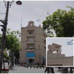 האריה על בניין ג'נרלי במרכז ירושלים מעל רחוב יפו בזמן עבודות הרכבת הקלה