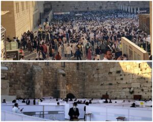 השוואה בין ברכת הכהנים בכותל המערבי בירושלים בשנים רגילות עם קהל גדול לבין מתכונת מצומצמת בתקופת הקורונה