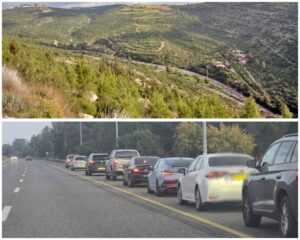 רכבים נעצרים בצד הדרך באזור שער הגיא בכביש לירושלים בזמן אזעקה ואנשים מחפשים מחסה