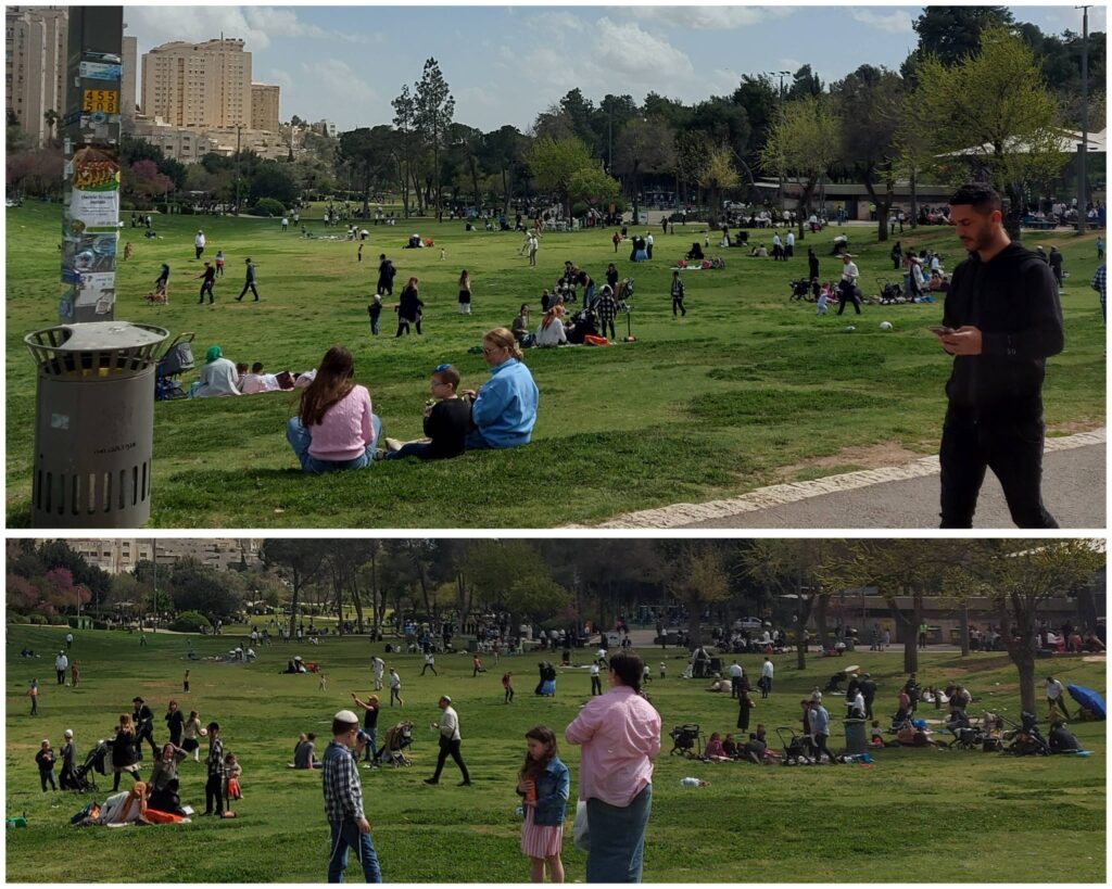 משפחות עם מנגלים בדשא גן סאקר בירושלים בזמן מלחמה עם איראן וירי טילים