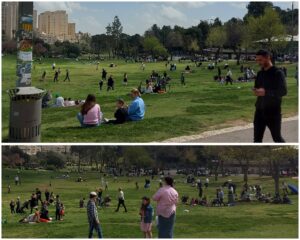 משפחות עם מנגלים בדשא גן סאקר בירושלים בזמן מלחמה עם איראן וירי טילים