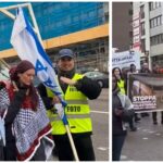 הפגנה באירופה נגד חוק עונש המוות שהתקבל בירושלים עם דגלי פלסטין ומיצג גרדום