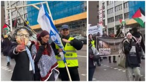 הפגנה באירופה נגד חוק עונש המוות שהתקבל בירושלים עם דגלי פלסטין ומיצג גרדום