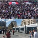 קולאז של מחאה המונית בצנעא שבתימן לצד הרכבת הקלה והולכי רגל במרכז ירושלים