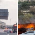 شاحنة مشتعلة على الطريق السريع 1 قرب مفرق هارئيل خارج القدس مع تصاعد دخان كثيف