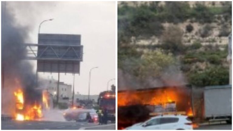 משאית עולה באש בכביש 1 סמוך למחלף יערים ליד ירושלים