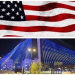 קולאז׳ של דגל ארצות הברית מעל גשר המיתרים בירושלים המואר בצבעי כחול ולבן