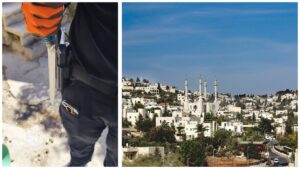 הסכין ששימשה על פי החשד לתקיפה, לצד נוף הכפר אבו גוש הסמוך לירושלים