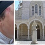 נזירה עם סימני חבלה בפניה לצד מבנה בית הספר הצרפתי למקרא ולארכיאולוגיה בירושלים