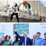 רצים במרתון בית לחם הפלסטיני לאורך חומת ההפרדה סמוך לירושלים וג'יבריל רג'וב מזניק את המרוץ