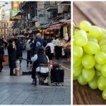 קולאז' של שוק מחנה יהודה בירושלים לצד אשכולות ענבים ירוקים ואדומים