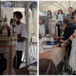 קולאז' מחגיגות בר מצווה ברחבת הכותל המערבי בירושלים, עם נערים עטופים בטליתות לצד ספר תורה