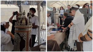 קולאז' מחגיגות בר מצווה ברחבת הכותל המערבי בירושלים, עם נערים עטופים בטליתות לצד ספר תורה