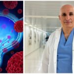 פרופ' בוריס צ'רטין לצד המחשה של סרטן שלפוחית השתן