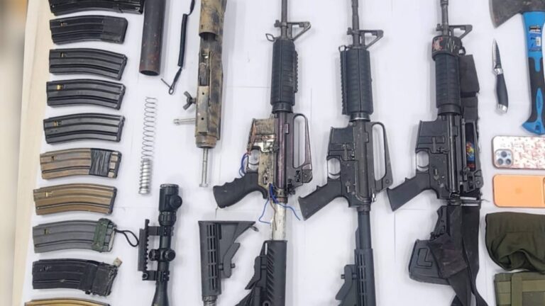 M-16 rifles, magazines and other weapons seized in the Shuafat refugee camp in East Jerusalem