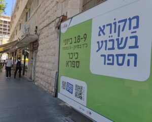 שלט שבוע הספר העברי בסמוך לכיכר ספרא בירושלים