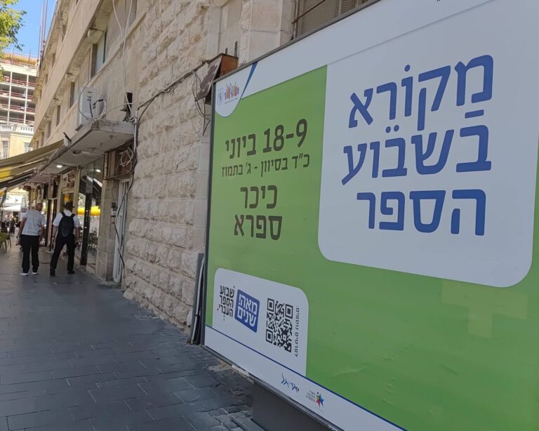 שלט שבוע הספר העברי בסמוך לכיכר ספרא בירושלים