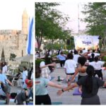 תרגול יוגה המוני במתחם ממילא בירושלים מול חומות העיר העתיקה