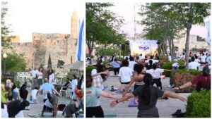 תרגול יוגה המוני במתחם ממילא בירושלים מול חומות העיר העתיקה