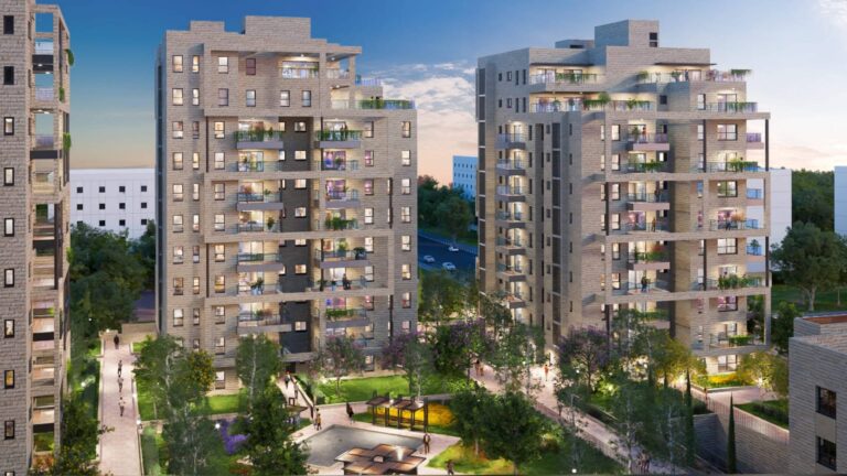 הדמיית מתחם מגורים חדש עם בניינים מדורגים ושטחים ירוקים בירושלים