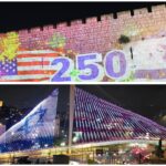 חומות העיר העתיקה וגשר המיתרים בירושלים מוארים בצבעי דגל ארה"ב