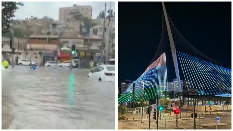 גשר המיתרים בירושלים מואר בצבעי ישראל והודו לצד הצפות ברחובות מזרח ירושלים