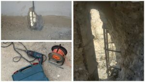 פתח שנחצב בתחתית חומת ההפרדה באזור כפר עקב בצפון ירושלים, לצד כלי העבודה שנתפסו במקום
