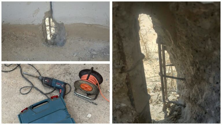 פתח שנחצב בתחתית חומת ההפרדה באזור כפר עקב בצפון ירושלים, לצד כלי העבודה שנתפסו במקום