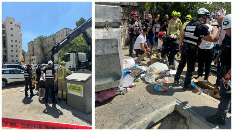 חילוץ אדם מתוך פח אשפה מוטמן בשכונת גילה בירושלים לאחר שנמצא לכוד בתוכו